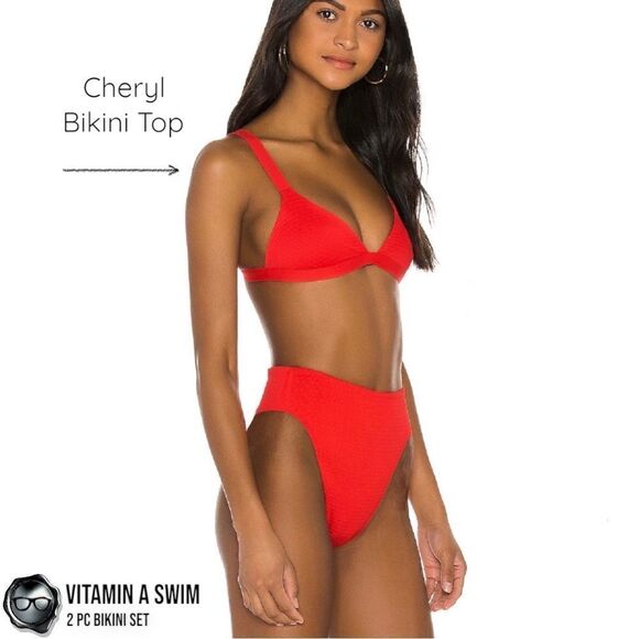 VITAMIN A SWIM BIKINI SET: CHERYL TOP + SIENNA HIGH WAIST BOTTOM IN MARISOL RED - Picture 5 of 15